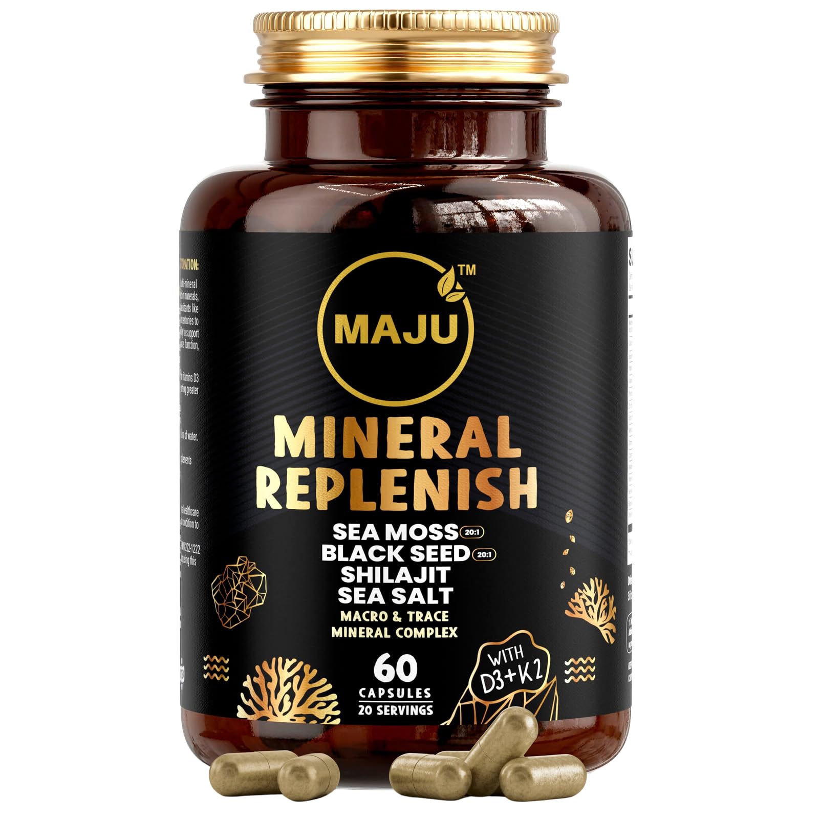 Maju Superfoods 18-σε-1 Sea Moss, Black Seed, Shilajit, Sea Salt + D3 & K2, συμπυκνωμένα εκχυλίσματα, Trace Multi Mineral Capsles, για Άνδρες & Γυναίκες Συμπληρώματα Ορυκτών Ηλεκτρολυτών