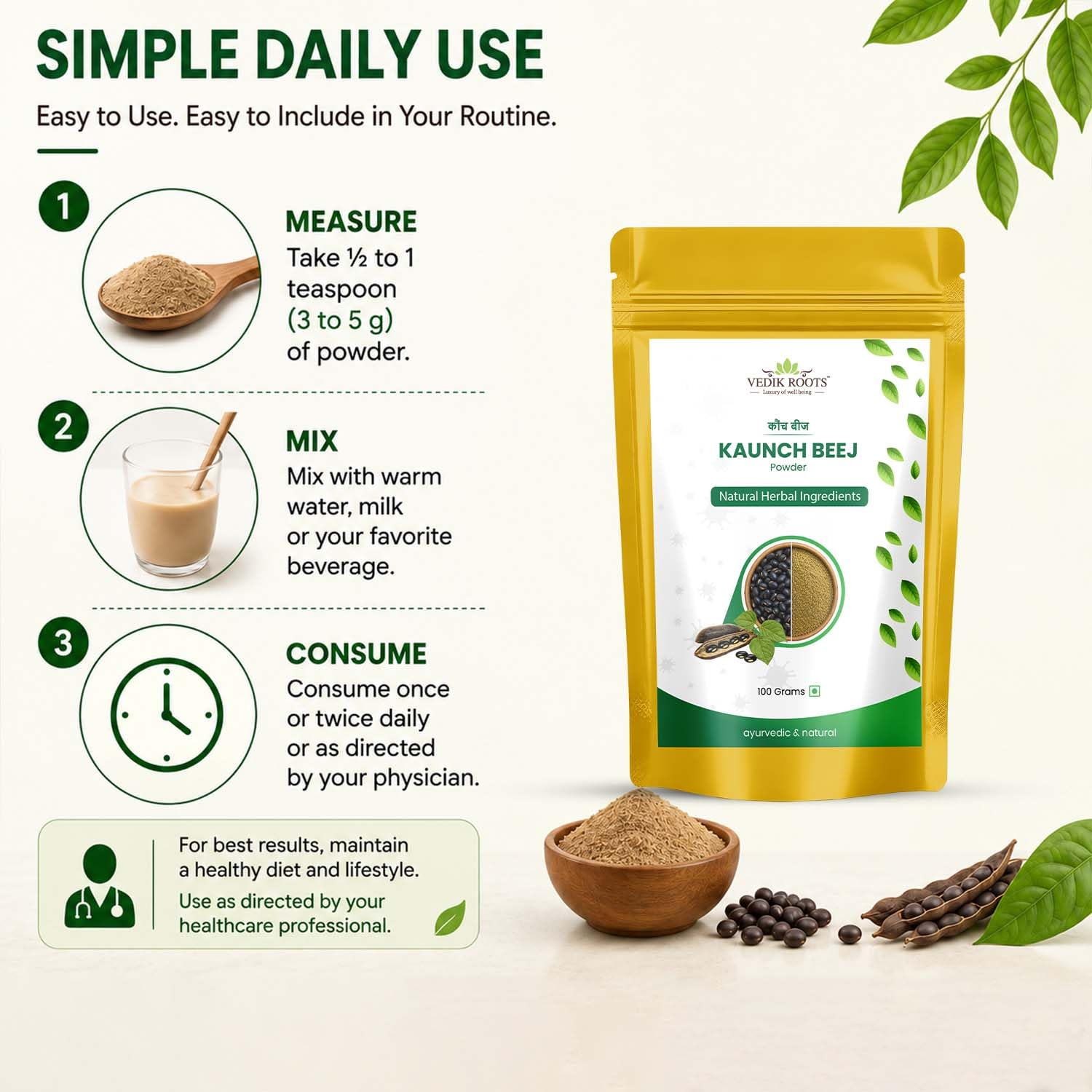 Kaunch Beej Powder – Natural Ayurvedic Herb for Daily Wellness | 100% Pure & Vegan 100g(Pack of 1) — Amazon image 5