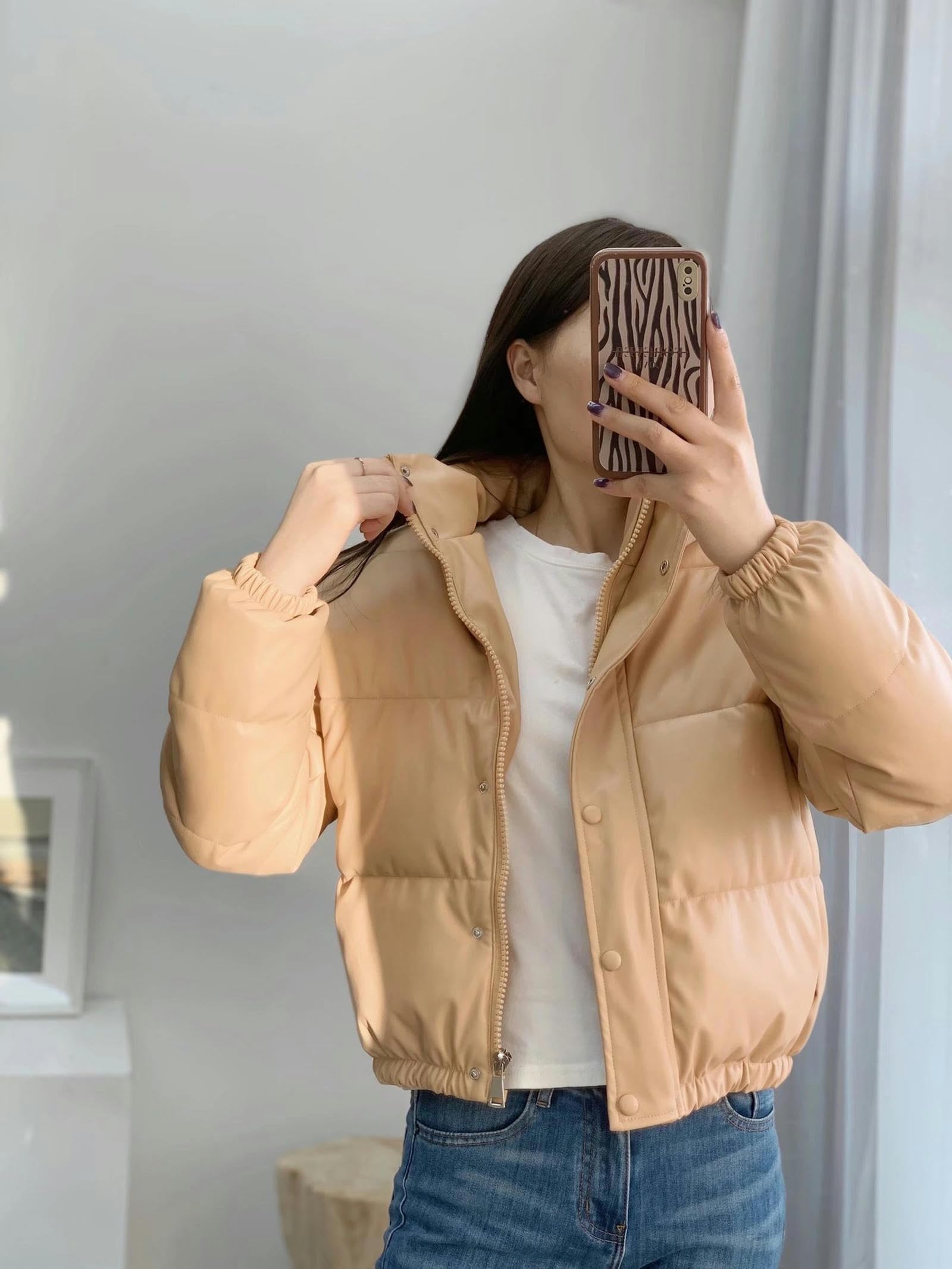 Chaqueta de algodón suelta con cuello alto para chicas calientes chaqueta de cuero de PU cálida gruesa