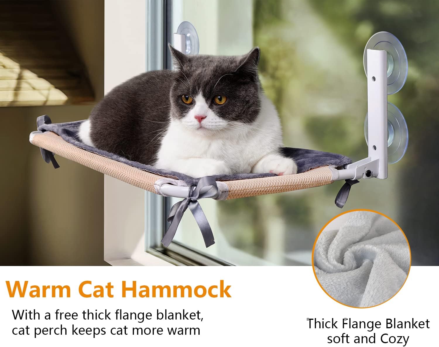 HOPET Cordless Cat Window Perch, Foldable Cat Hammock w/Warm Flannel Blanket and Strong Suction Cup Sturdy Cat Bed for Indoor Two Large Cats or Kittens Resting Seat Safety (Hold up to 50lbs) : Pet Supplies