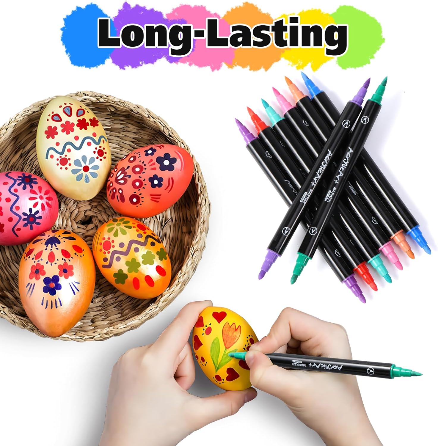 24 Colours Acrylic Pens, Felt Tip Pen Set, Dual Brush Pen for Adults, Acrylic Pens, Waterproof Textile Pens, for Textile, Stones, Wood, Paper, Ceramic, DIY