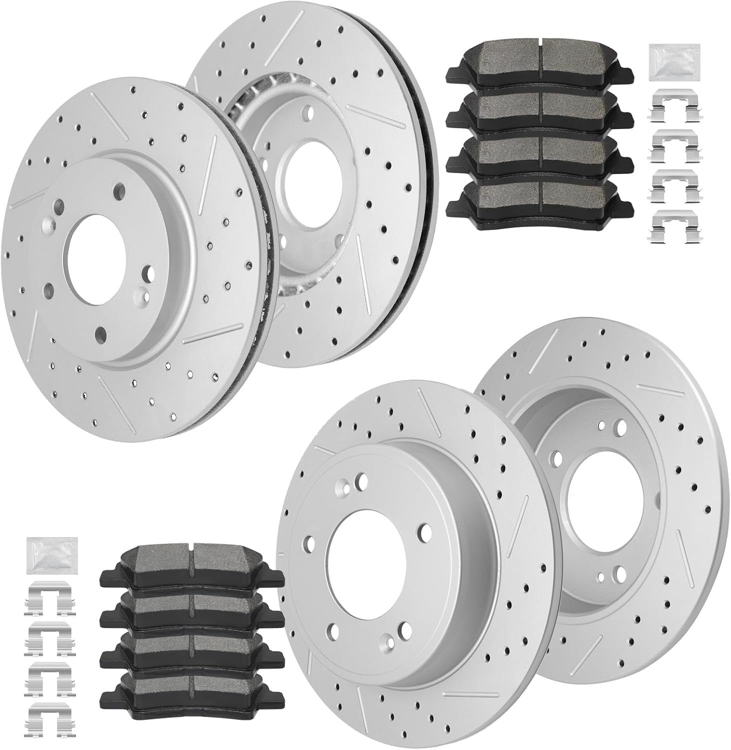 Front and Rear Brake Kit, Ceramic Brake Pads and Drilled and Slotted Brake Rotors, Compatible With Hyundai Elantra GT Coupe Veloster, Kia Forte Koup Forte5