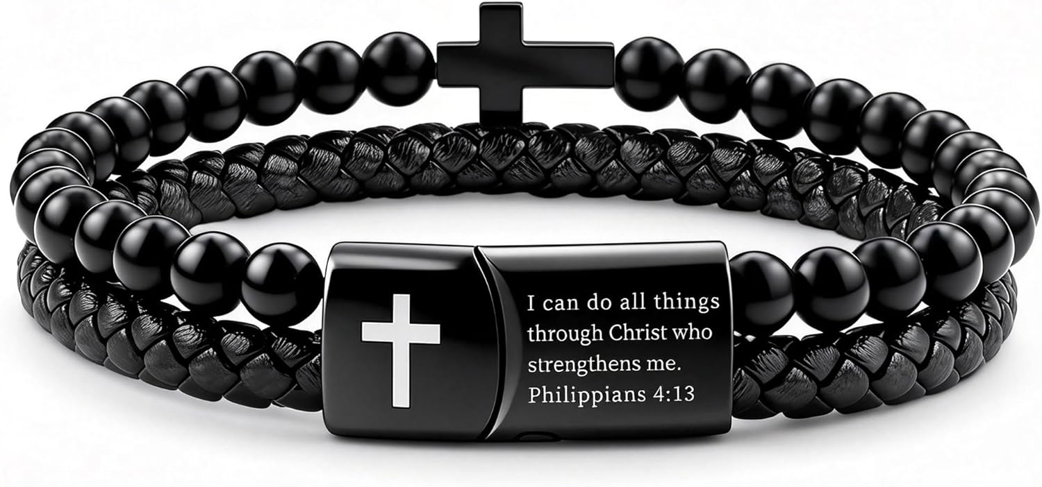 Mens Bracelet Cross, Black Braided Leather with Stainless Steel Cross & Onyx Bead C...