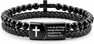 Mens Bracelet Cross, Black Braided Leather with Stainless Steel Cross & Onyx Bead Cuff Bracelet,7.5-9.5 Inch Fit for Dad, Brother, Son