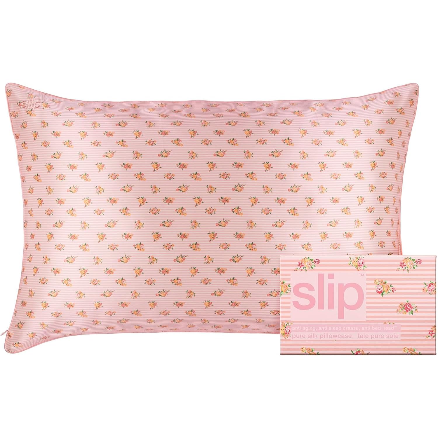 SLIP 22 Momme Seidenkissenbezug in 51 x 76cm im Petal Design - aus 100% Maulbeer Seide, mit Reißverschluss, atmungsaktiv, ideal für Allergiker, Pink