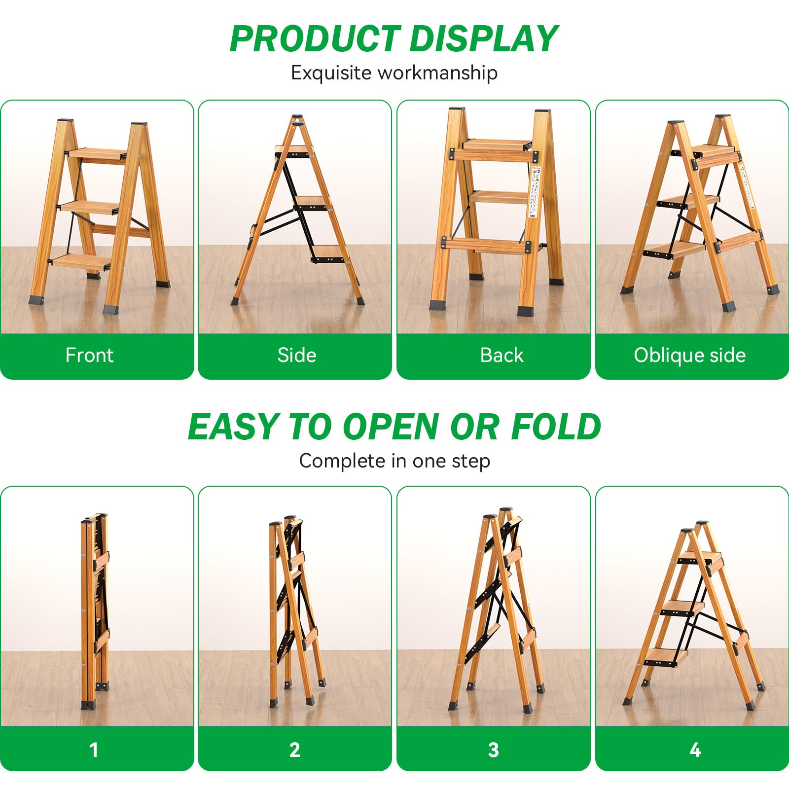 3 Gradini Scala Pieghevole in Alluminio, Scala Portatile Antiscivolo, Scala Multifunzione con Design a Trama Legno, Resistente fino a 150 kg per Casa, Cucina, Bagno, Campeggio
