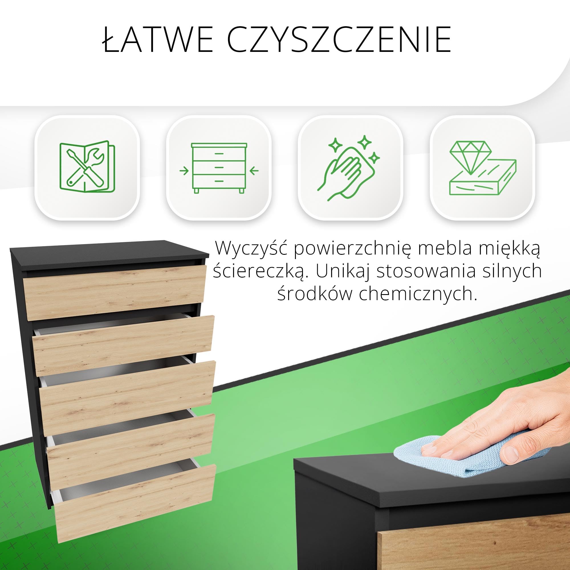 CDF Komoda Antracyt Artisan z 5 szufladami, 109 cm wysokości, kredens, wąska komoda do sypialni, komoda do przedpokoju, biura, sypialni, salonu, szafka z szufladami, regał z szufladami, mebel