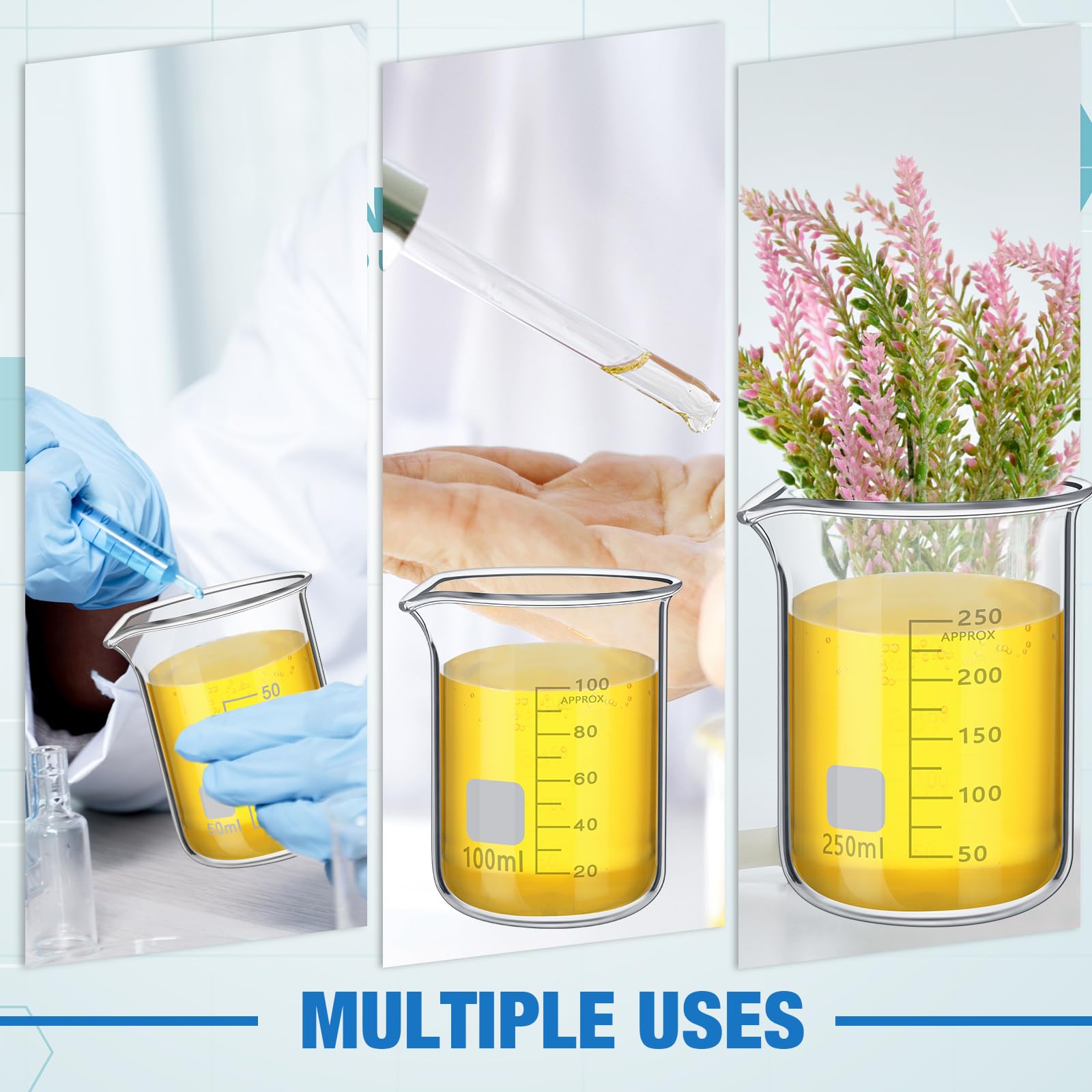 Tanlade 12 becher in vetro resistente, con stampa, in borosilicato, graduazione, per laboratori, aule o casa (50 ml, 100 ml, 250 ml)