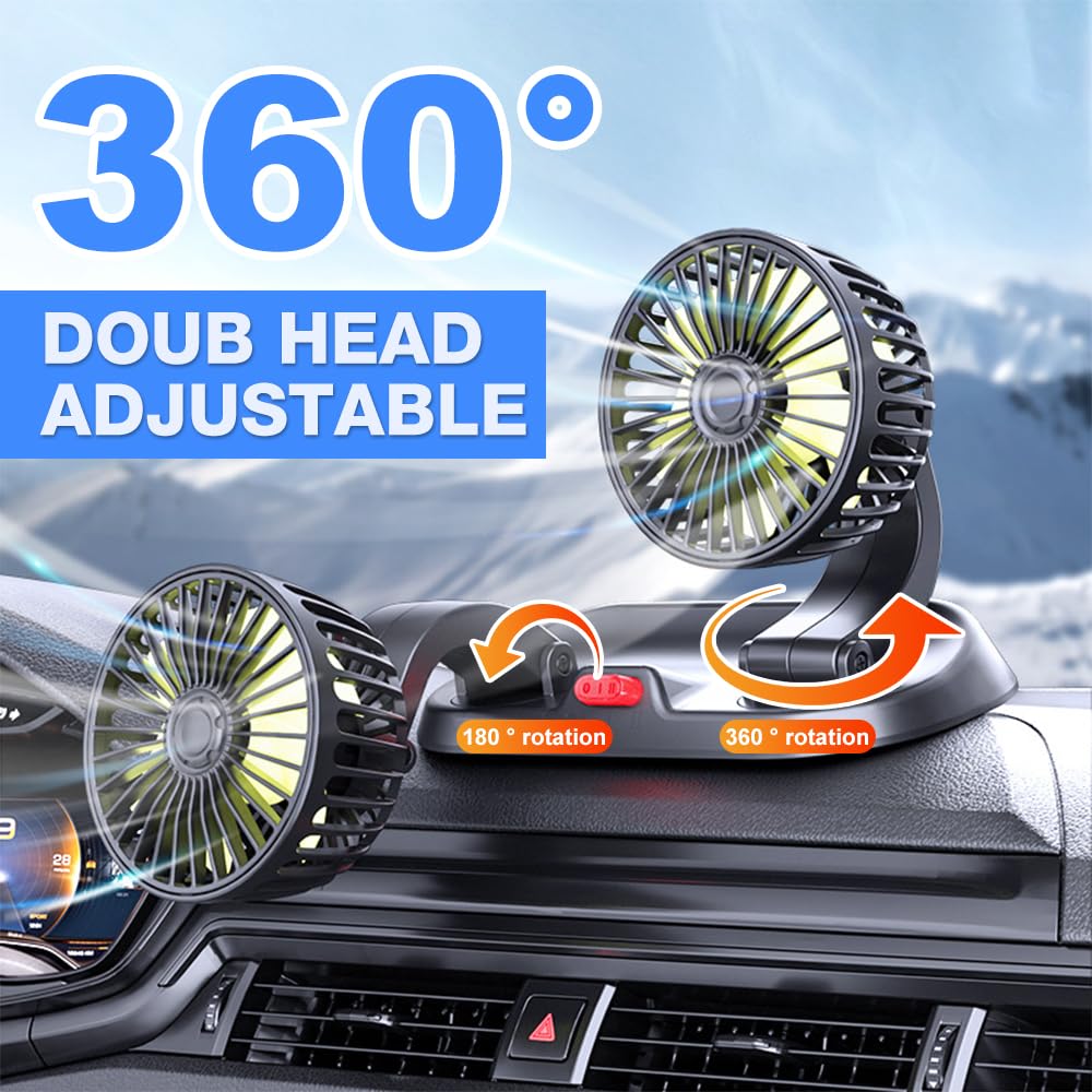 Ventilatore da Auto 12V a Doppia Testa, Afenau Ventilatore Auto Accendisigari con 2 Velocità, 360 gradi Ventilatore per Auto, Ventilatore 12 Volt per Camper SUV RV Caravan Furgone Camion