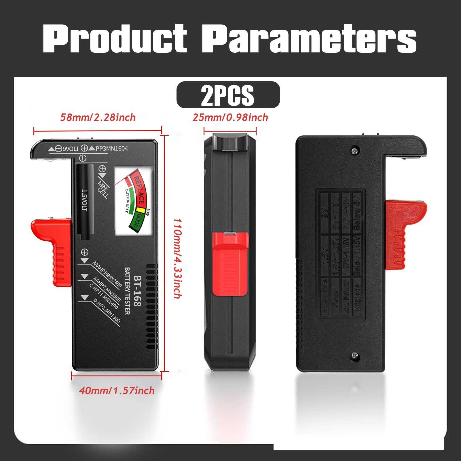 Set di 2 Tester Batteria Universale per Batterie AA AAA C D 9V 1.5V e a Bottone Nero