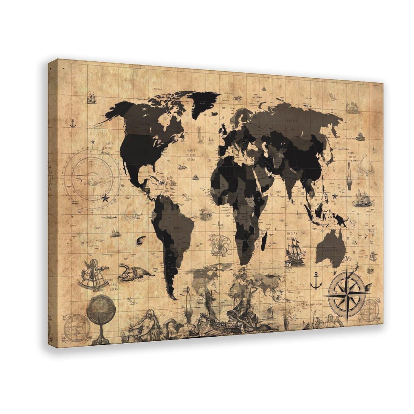 Qnvjqkdsi Frame World Map Vintage Art (2) Canvas Poster Bedroom Decor Landscape Office Room Decor Gift 20" L X 30" W