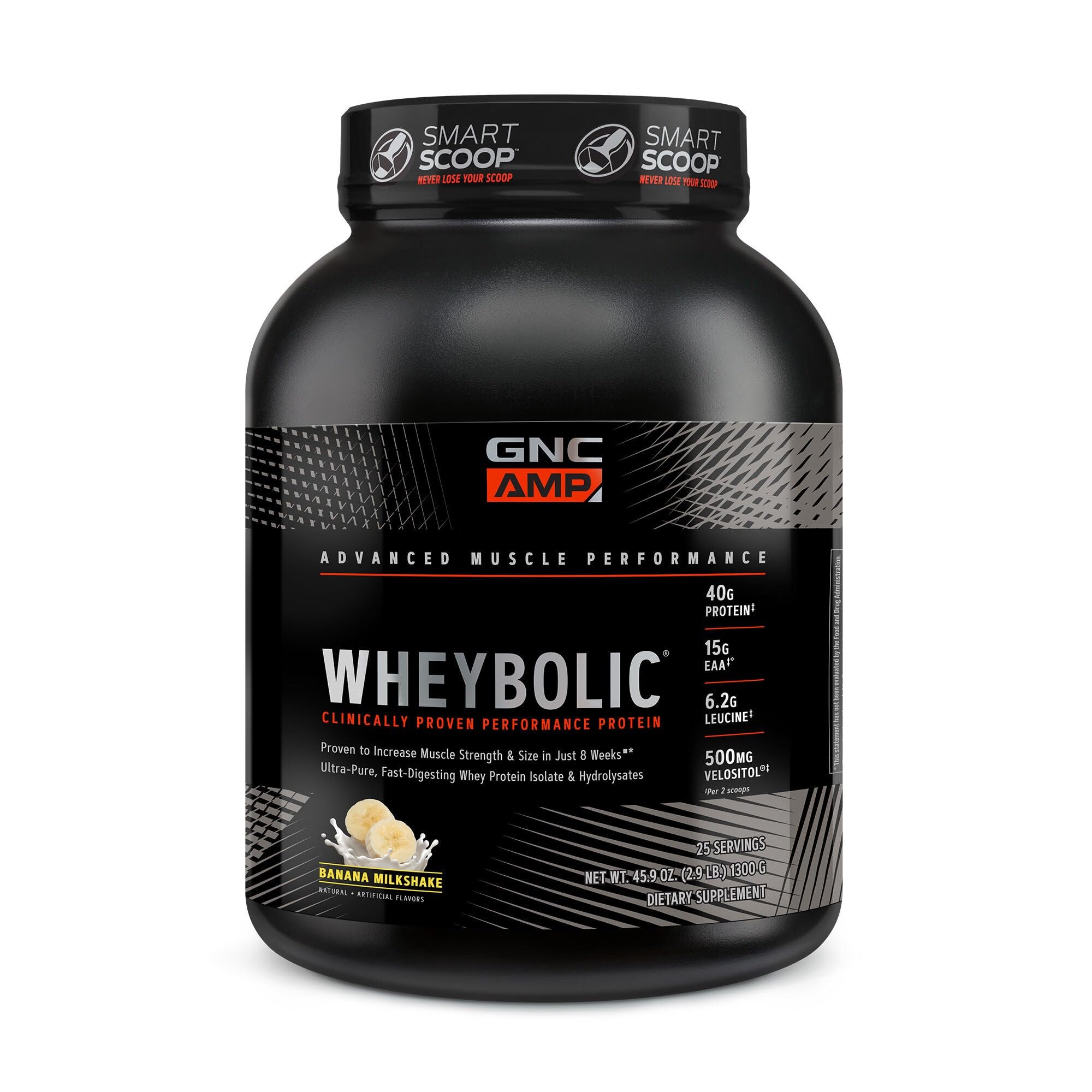 GNC AMP Wheybolic Clinically Proven Protein Powder, 40g Whey Protein, BCAA, Leucine, Increases Muscle Strength, Muscle Building, 3rd Party Tested, Gluten Free, Banana Milkshake, 25 Servings
