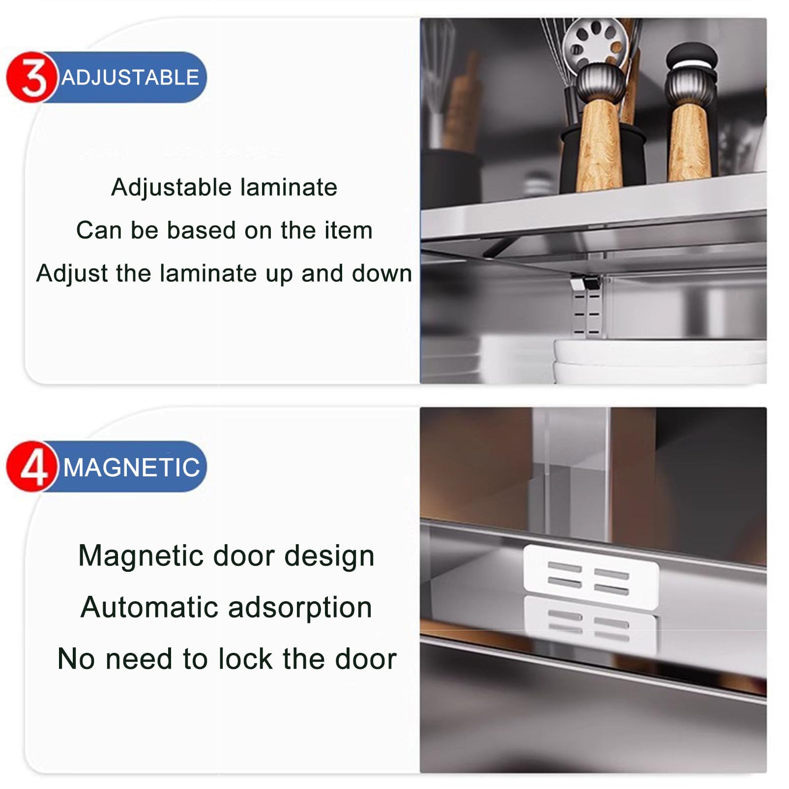 Armadietto da cucina in acciaio inox, resistente, con doppia anta, salvaspazio, con mensola da parete per nization e facile accesso (80 x 30 x 70 cm)