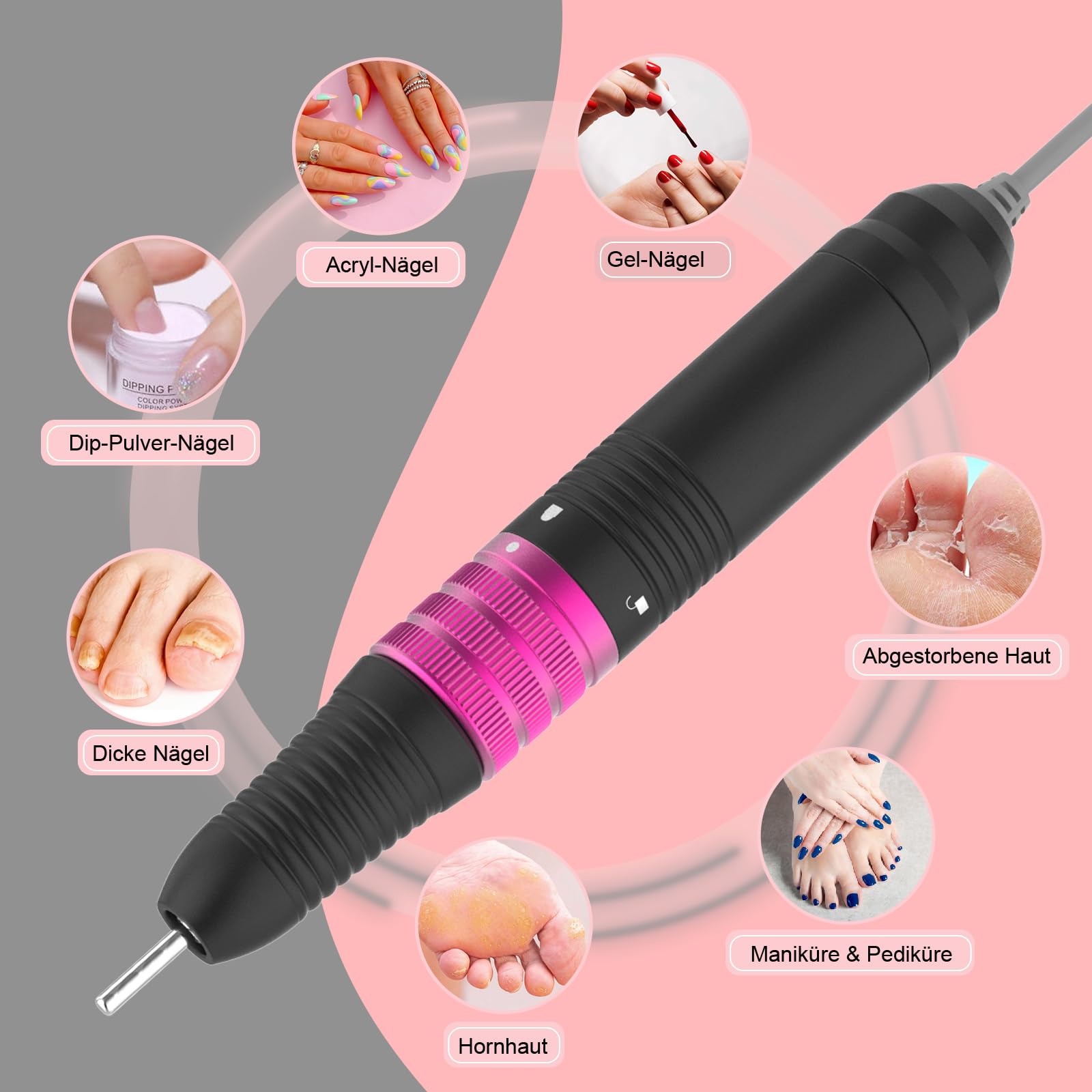 Delanie Nagelfräser 35000 U/Min für Gelnägel Polygel, 6 in 1 Leise Elektrische Nagelfeile Maniküre Pediküreset mit Nagelfräser Aufsätze, Nägel selber machen Entferner für Acrylgel Nagelpflege -Grau