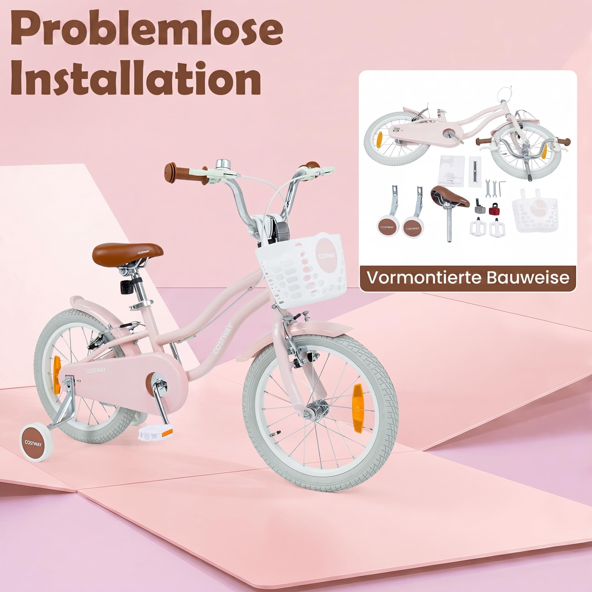 COSTWAY Kinderfahrrad mit Korb & Klingel, 14/16 Zoll Mädchenfahrrad mit höhenverstellbarem Sattel & Lenker, Fahrrad mit Doppelbremsen, abnehmbaren Stützrädern für 3-7 Jahren Mädchen