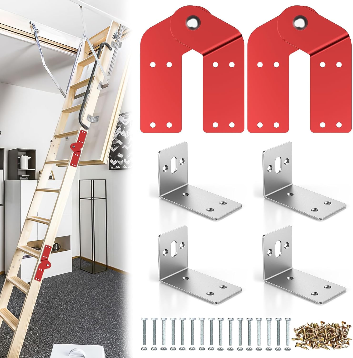 2PCS Attic Ladder Hinges with 4PCS L Bracket,Ladder Hinge Attachment ...