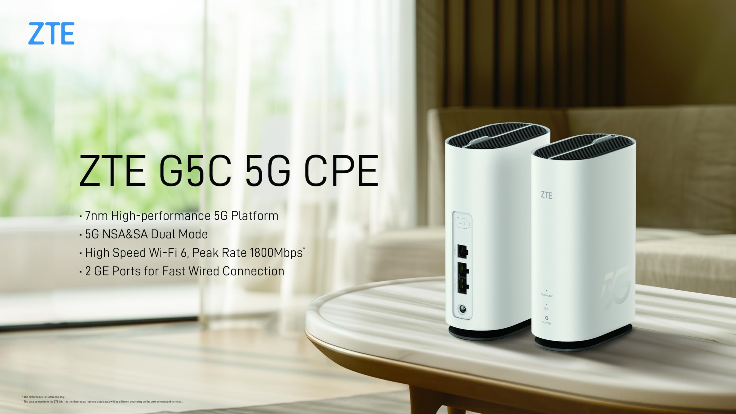 ZTE G5C Modem Router 5G con SIM, WI-Fi 6 dual-band AX1800, 2 Gigabit Ethernet Ports (RJ11), Qualcomm SDX55 platform, Design elegante con antenne integrate, LED per Wi-Fi e rete, tasto WPS [Italia]