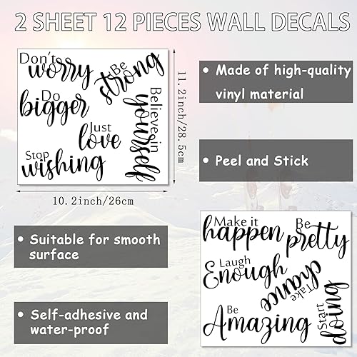 Miniatura 9 de Marspark 12 calcomanías inspiradoras para pared, con cita motivacional, para despegar y pegar, calcomanías extraíbles de espejo con frase positiva