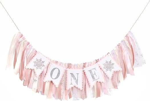 Snowflake One High Chair Banner - Girls 1st Birthday Party Banner, Winter Wonderland Decorations, Smash Cake Photo Props, Pink