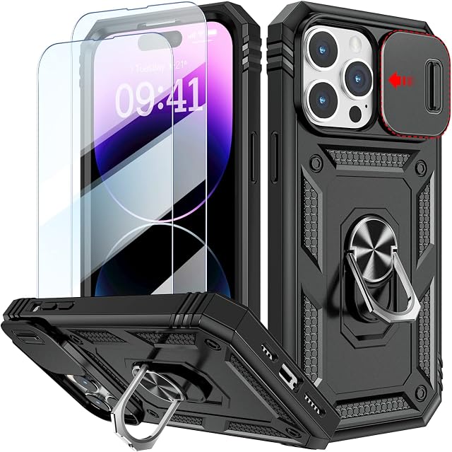 Tzomsze Case for iPhone 14 Pro Max 6.7" with Slide Camera Cover and 2x Tempered Glass Screen Protector, Built-in 360° Rotate Magnetic Ring Holder Full Body Protective Heavy Duty Shockproof Case, Black