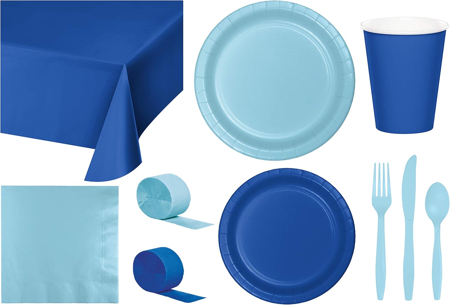 Baxters Party Bundle Bulk, Tableware for 24 People Cobalt Blue and Magenta Pink, 2 Size Plates Napkins, Paper Cups Tablecovers and Cutlery, Box of 199