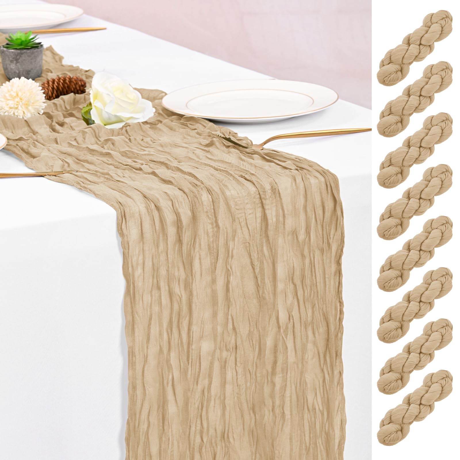 8 Pack Beige Table Runner 10FT Cheesecloth Table Runner Boho Gauze Table Runners Long Rustic Sheer Fabric Table Runners for Wedding Party Bridal