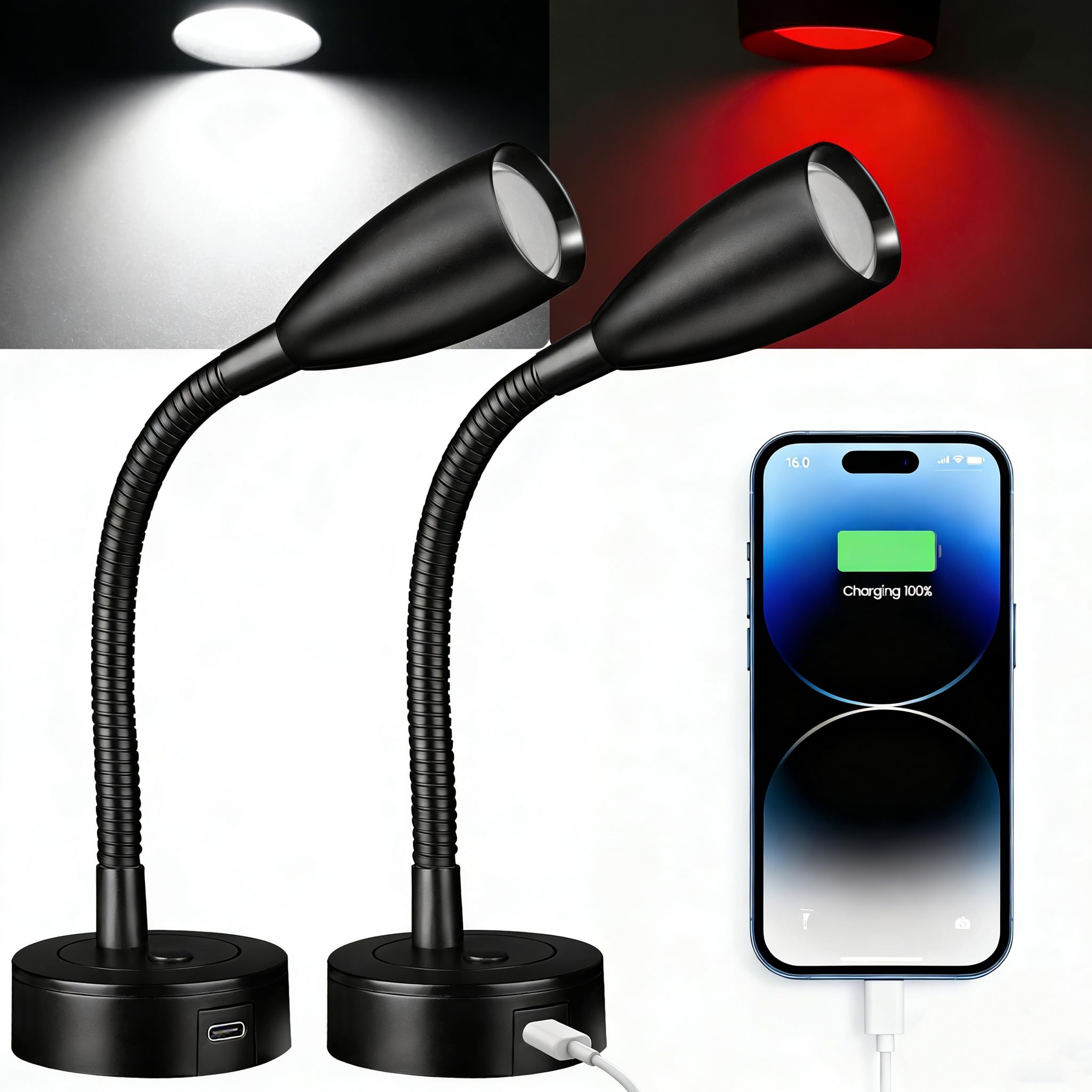 CamperXlite Dimmable Reading Light 12V Campervan Gooseneck 4000K Wall Reading Lamp 24V with Type-C 20W & Red Auxiliary Light for RV Truck Boat Caravan Yacht Van LKW, Black, 2PCS