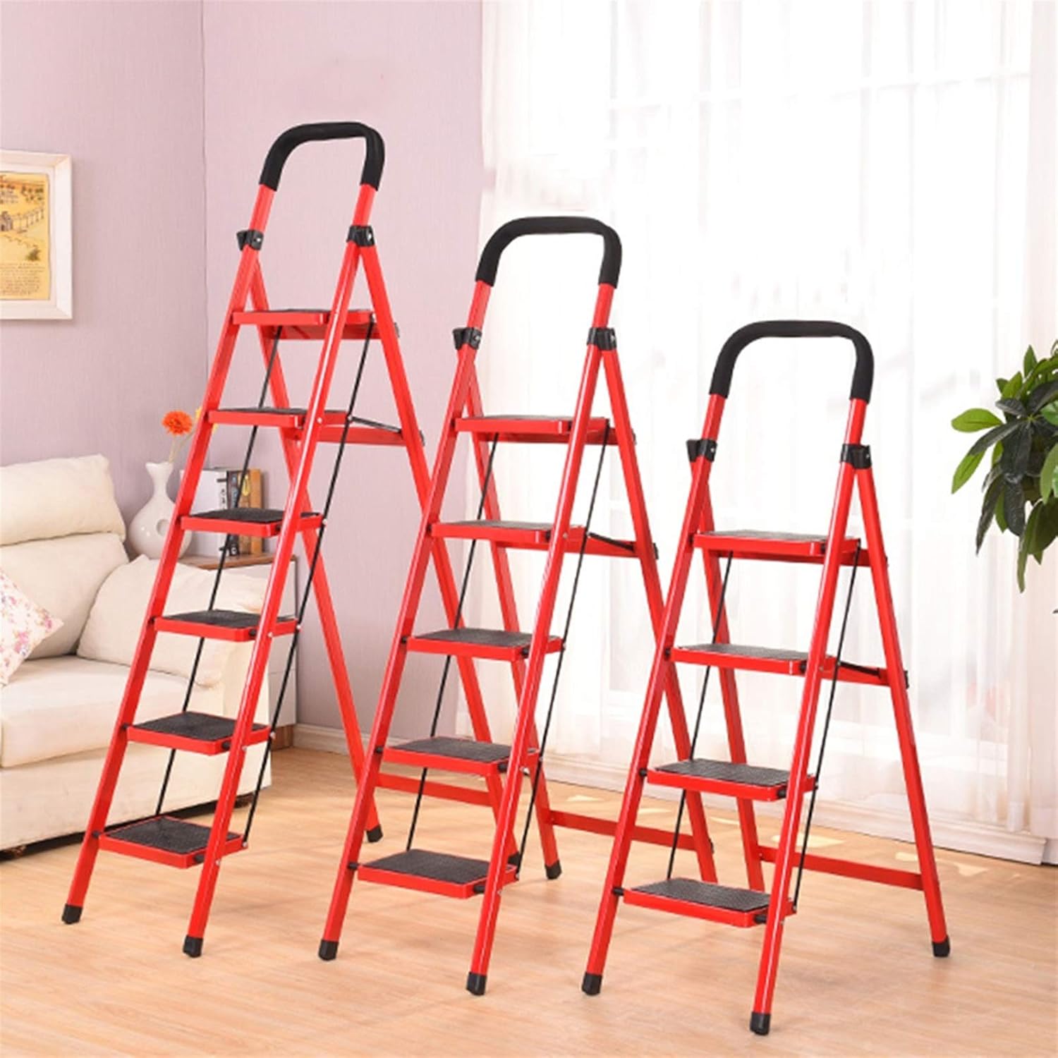 Step Stool Red Folding Steps, Home 4-5 Step Ladder Non-Slip Durable Stepladders Outdoor Multi-Purpose Ladders/50X86X164Cm