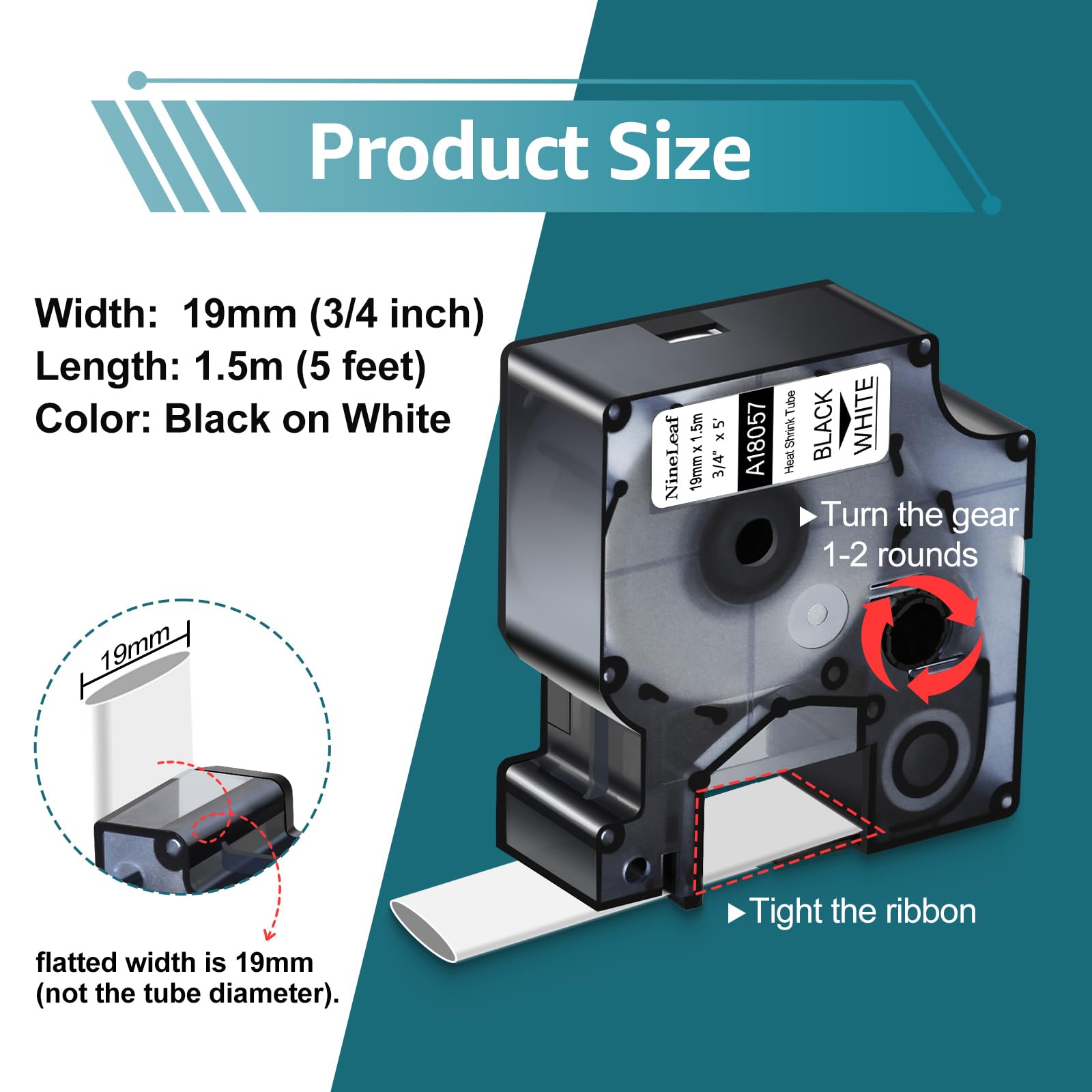 NineLeaf kompatibel für Dymo Rhino Industrie Schrumpfschlauch-Kabeletiketten 18057 3/4'' Schwarz auf Weiß 19mm x 1.5m Bänder für Rhino 4200 5000 5200 6000 3M PL200 PL300 Beschriftungsgerät, 8PK