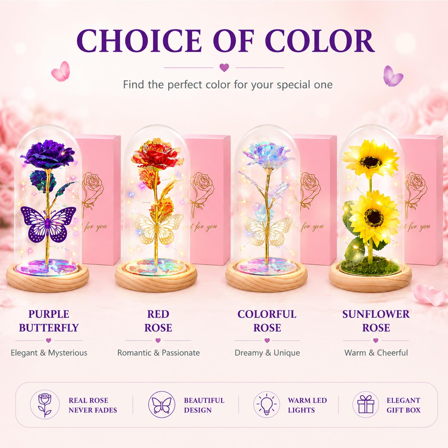 StowBin QUNPON - Flores para el día de la Madre, Regalos de Hija e Hijo, cumpleaños para Mujeres, mamá, Abuela, niñera, Rosa de la Bella y la Bestia en cúpula de Cristal, Artificial para Siempre