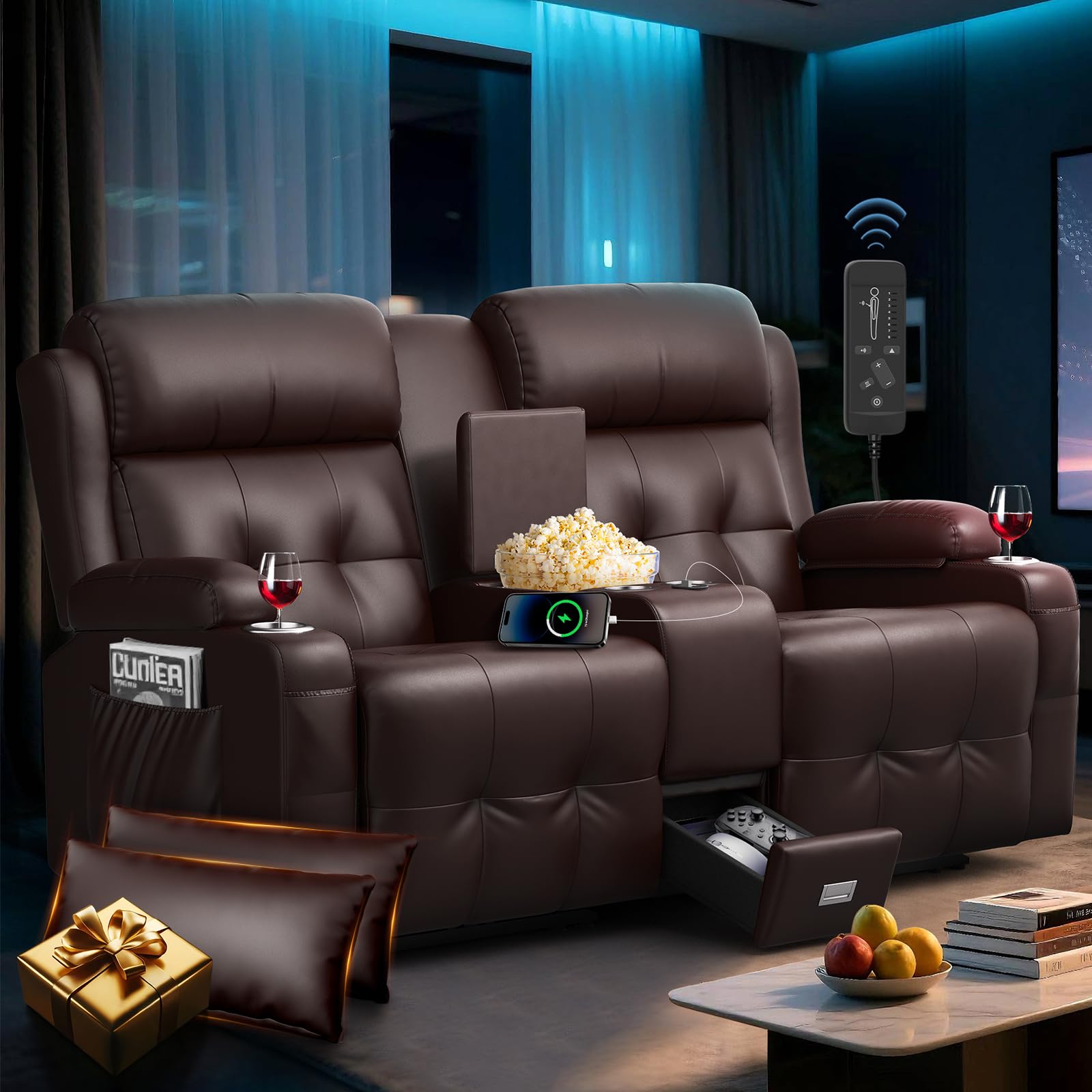 Loveseat Recliner Sofa, Home Theater Seating Massage Reclining Couch with  USB, Center Console, Wall Hugger RV Recliners, 145° Adjustable Recline Cup
