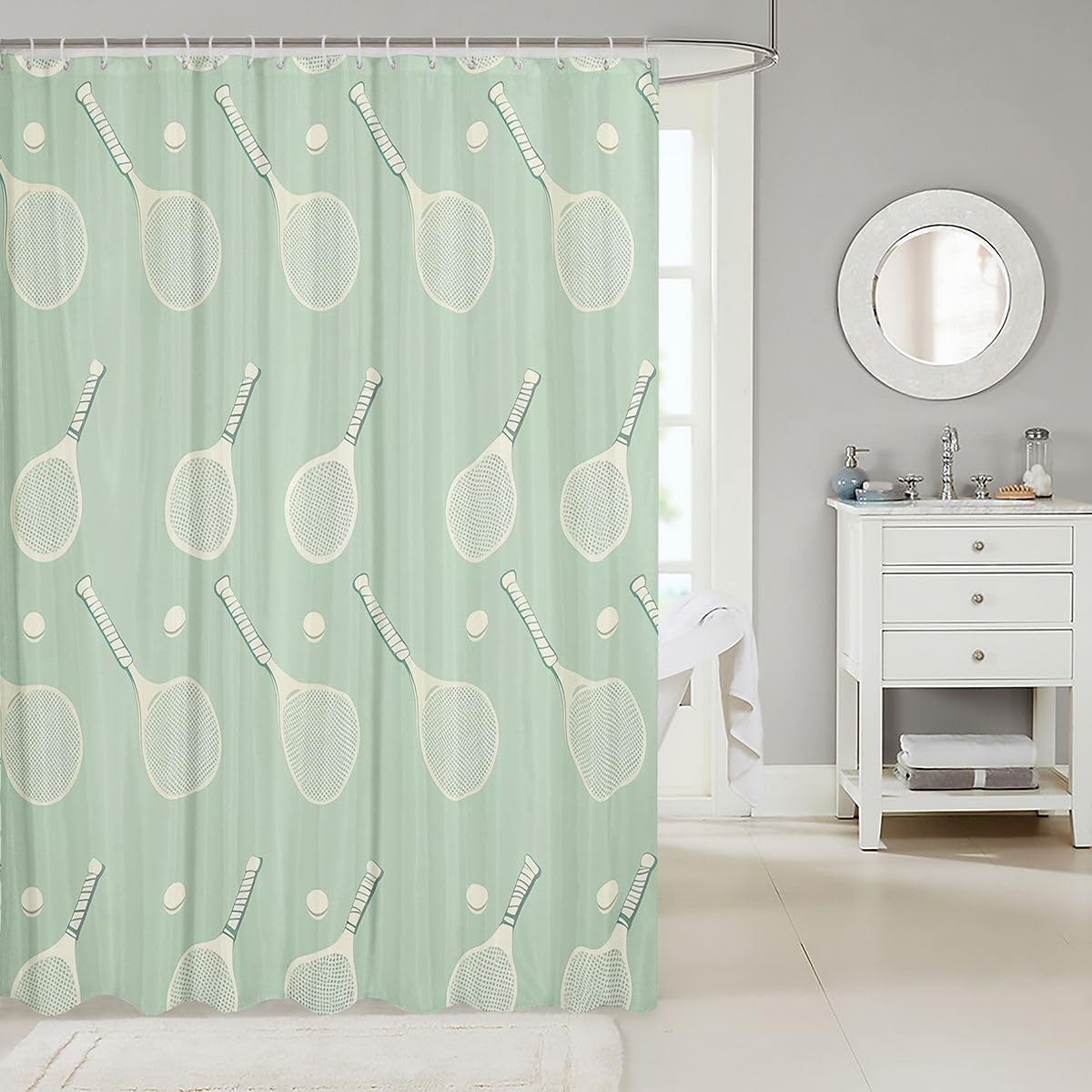 Homewish Tennis Shower Curtain Set,Tennis Racket Pattern Bathroom Curtain,Kids Girls Teens Ball Sports Themed Waterproof Fabrics Modern Light Green Bathroom Decor with 12 Hooks,72" W x 72" L image 2