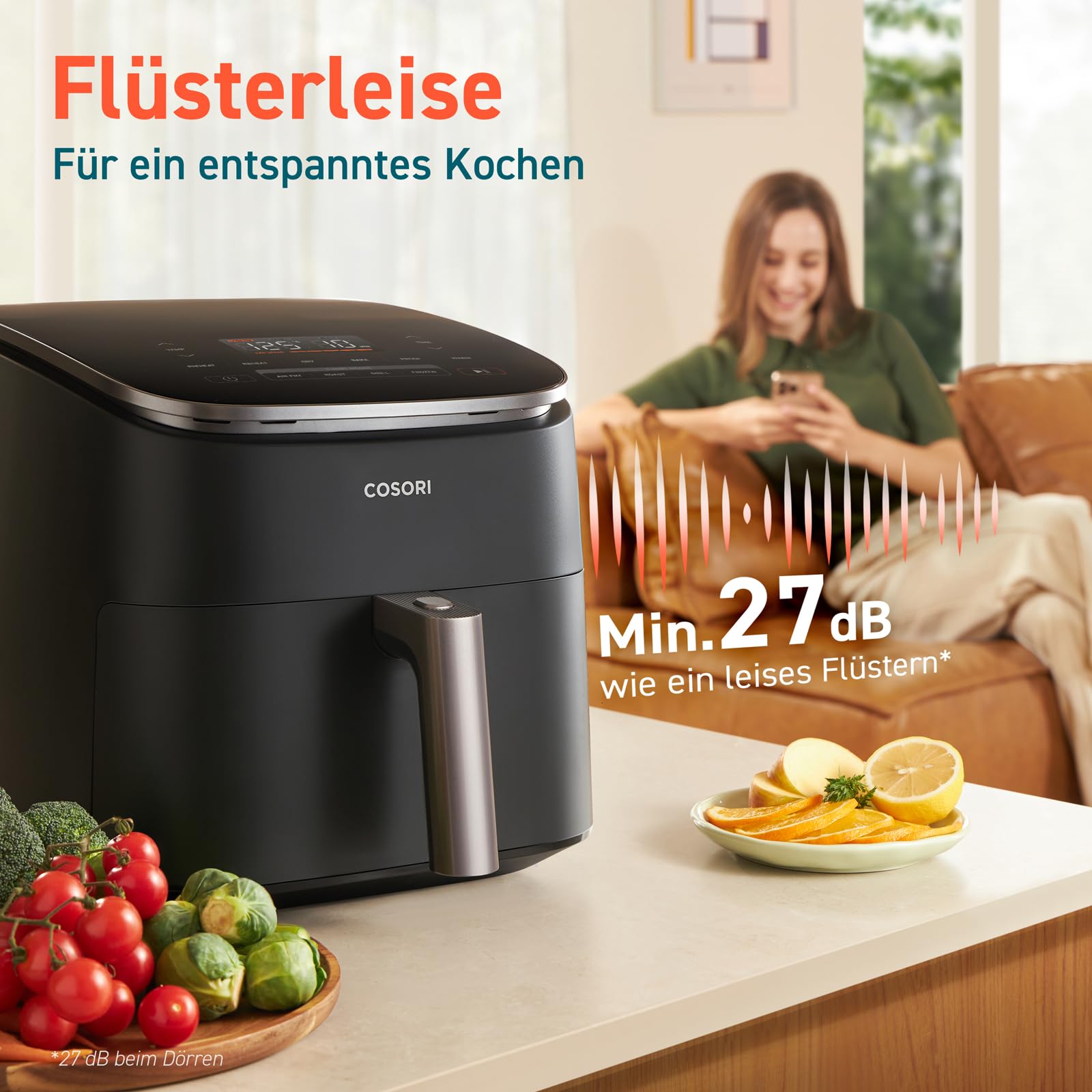Cosori Turboblaze Airfryer Heißluftfritteuse 9-in-1 XXL 6L leiser DC Motor 5 Geschwindigkeitsstufen Grillen Backen Gären Dehydrieren Tiefkühlen 87 Rezepte 64% energiesparend