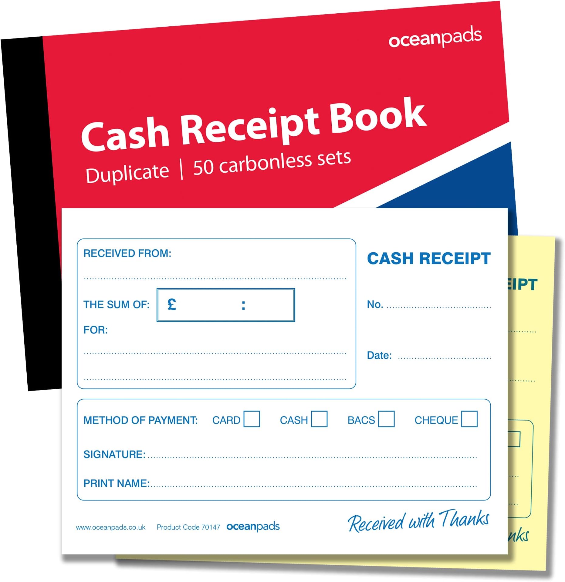 Ocean Pads Cash Receipt Book for Small Business, School, Charity, Self Employed, A6 50 Duplicate Sets (70147)