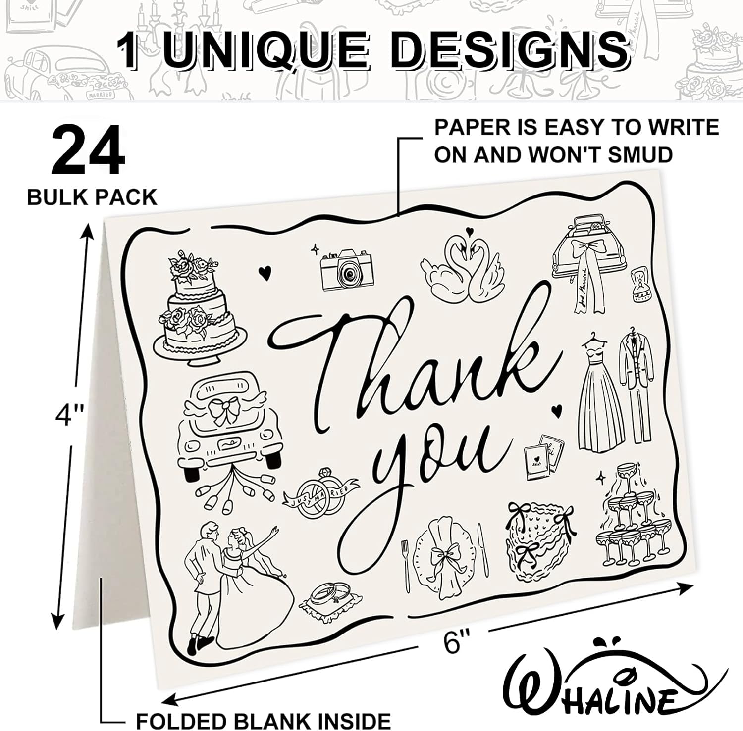 Whaline 24 Pack Wedding Thank You Cards Black Bride Groom Cake Greeting Cards Blank Note Card from The New Mr & Mrs with Envelope Sticker for Bridal Shower - Image 2