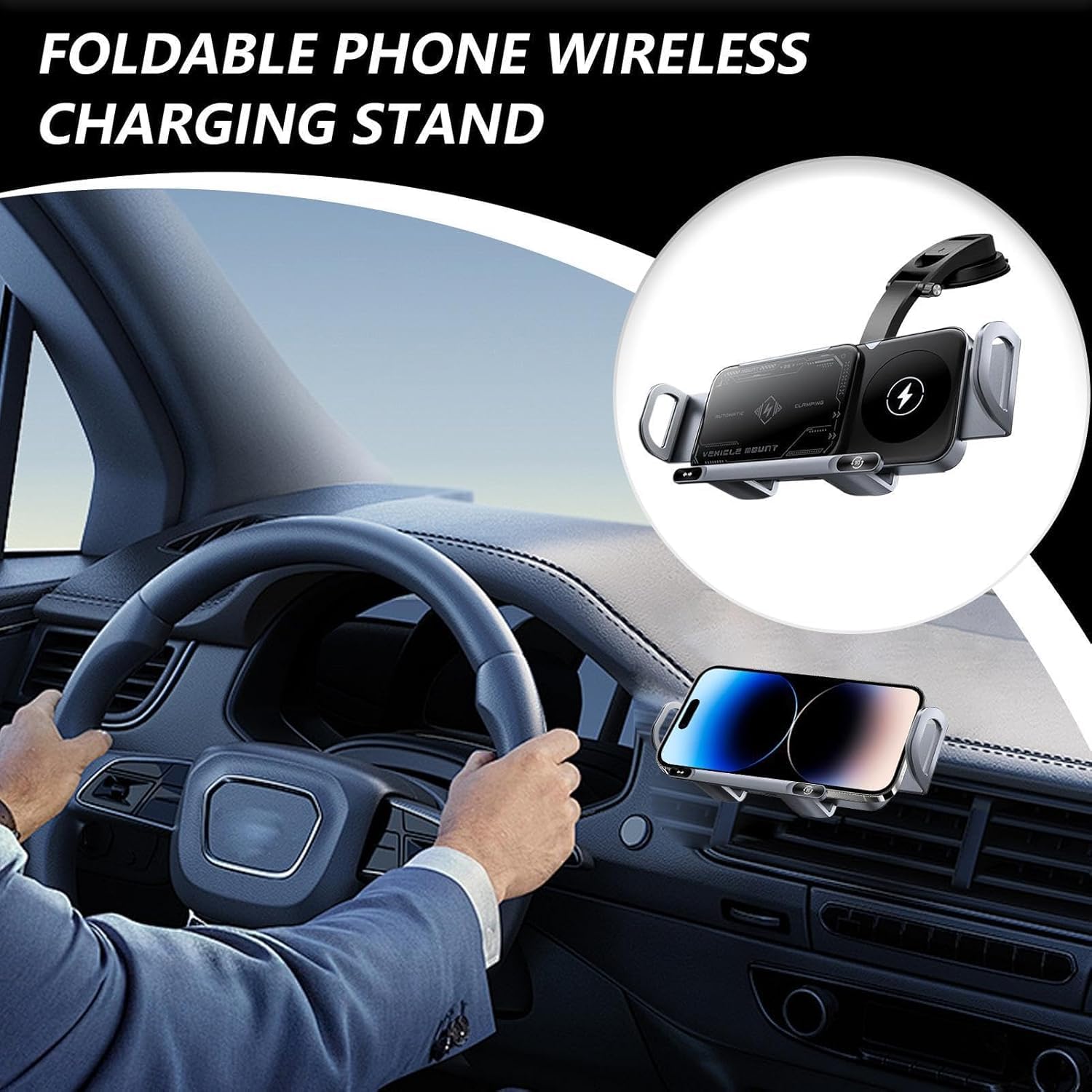 Caricatore Wireless Auto per Hyundai i20 2021 2022, Supporto Telefoni Cellulari E Tablet, Ricarica Rapida 15W, Rotazione 90°, Serraggio Automatico,Grey-Waterfall Suction Cup