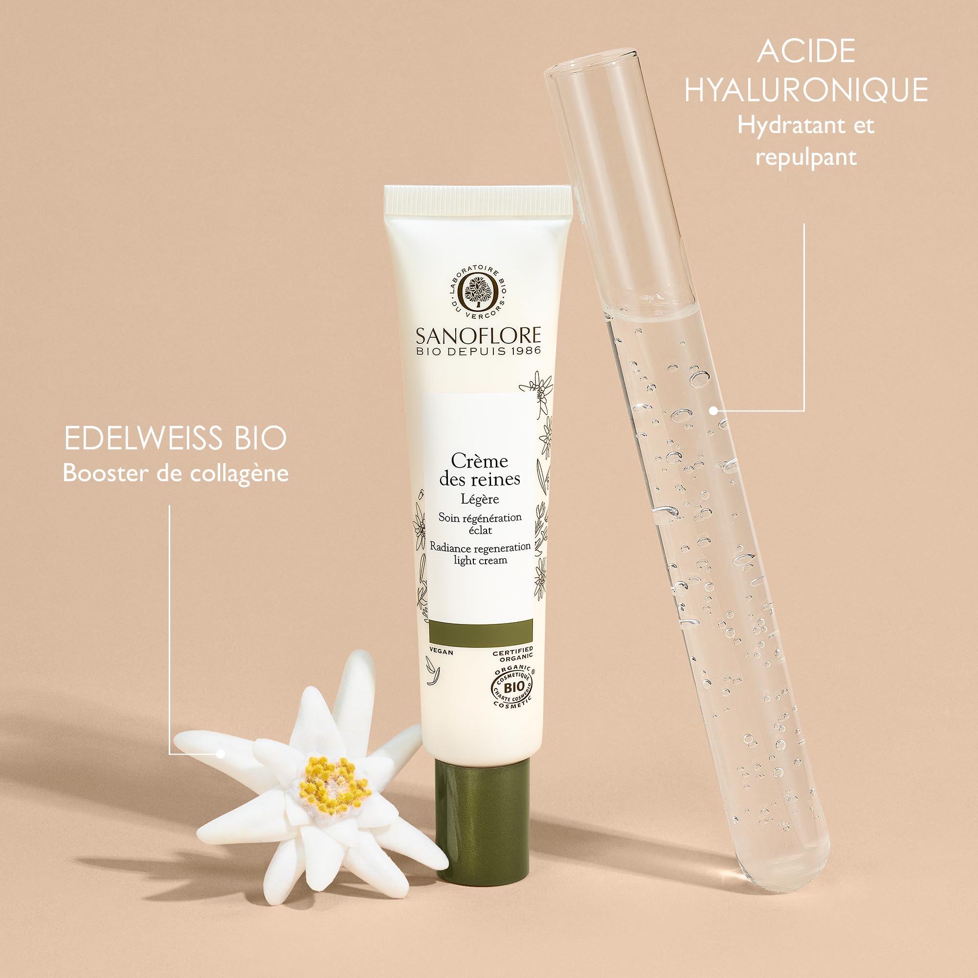Sanoflore Crème des reines légère visage, Crème Anti-âge hydratante régénération éclat, Peau normale, Certifié Bio, 40 ml