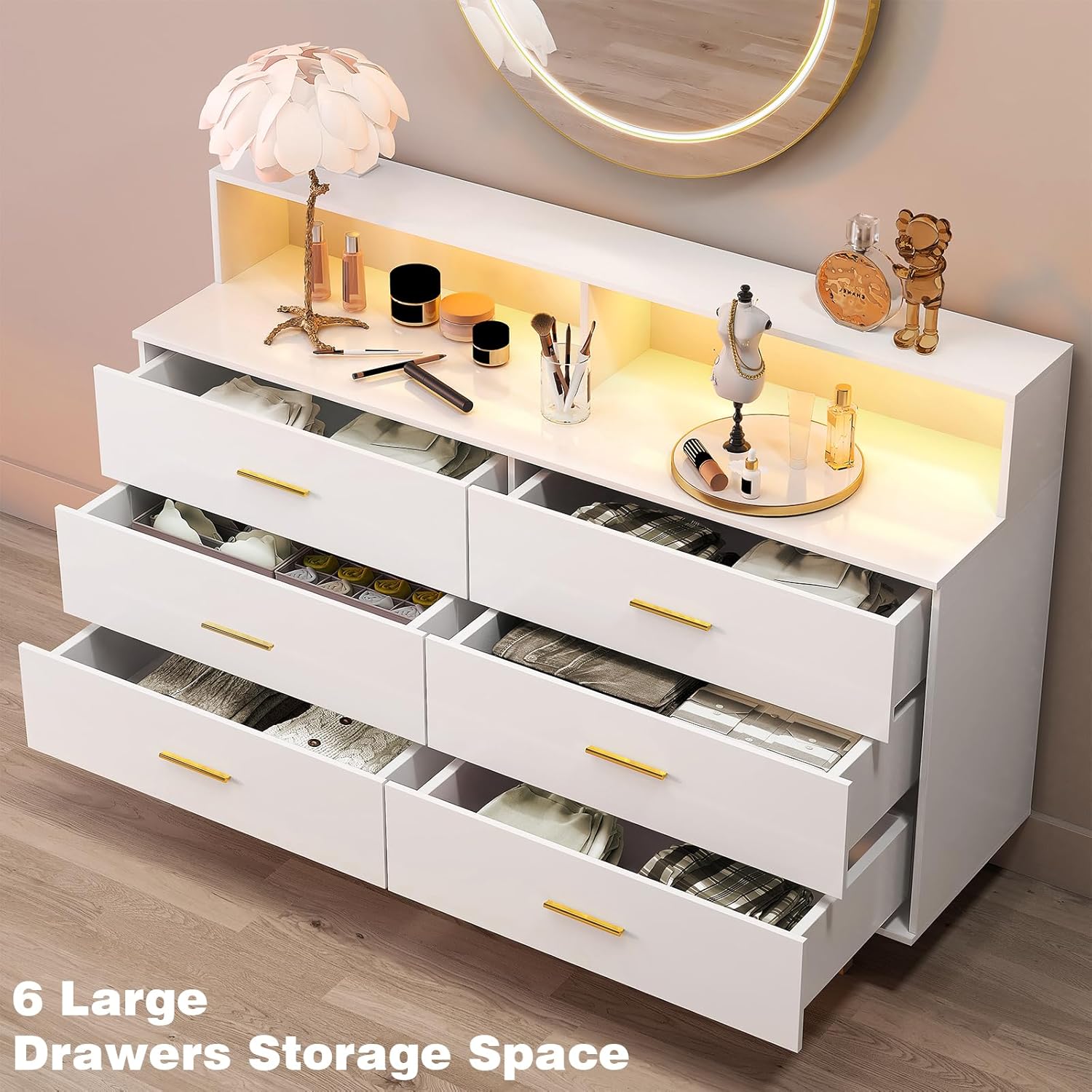6 Drawers Dresser with LED Light and Power Outlet, Wood White Dressers for Bedroom & Chests of Drawers, Large Double Dressers for Bedroom, Entryway, Hallway
