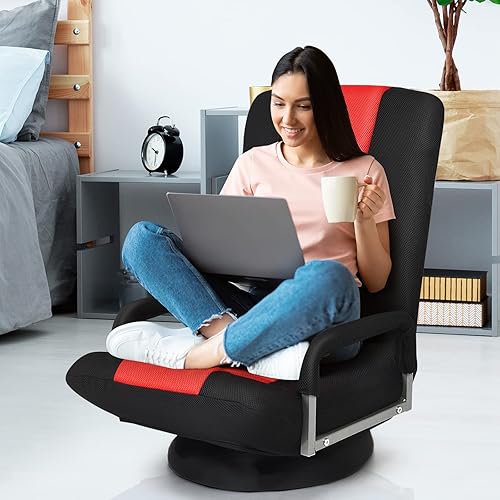 Miniatura 8 de Giantex Silla de suelo para juegos, giratoria de 360 grados, 6 posiciones ajustables, respaldo acolchado, reposabrazos, balancín plegable para