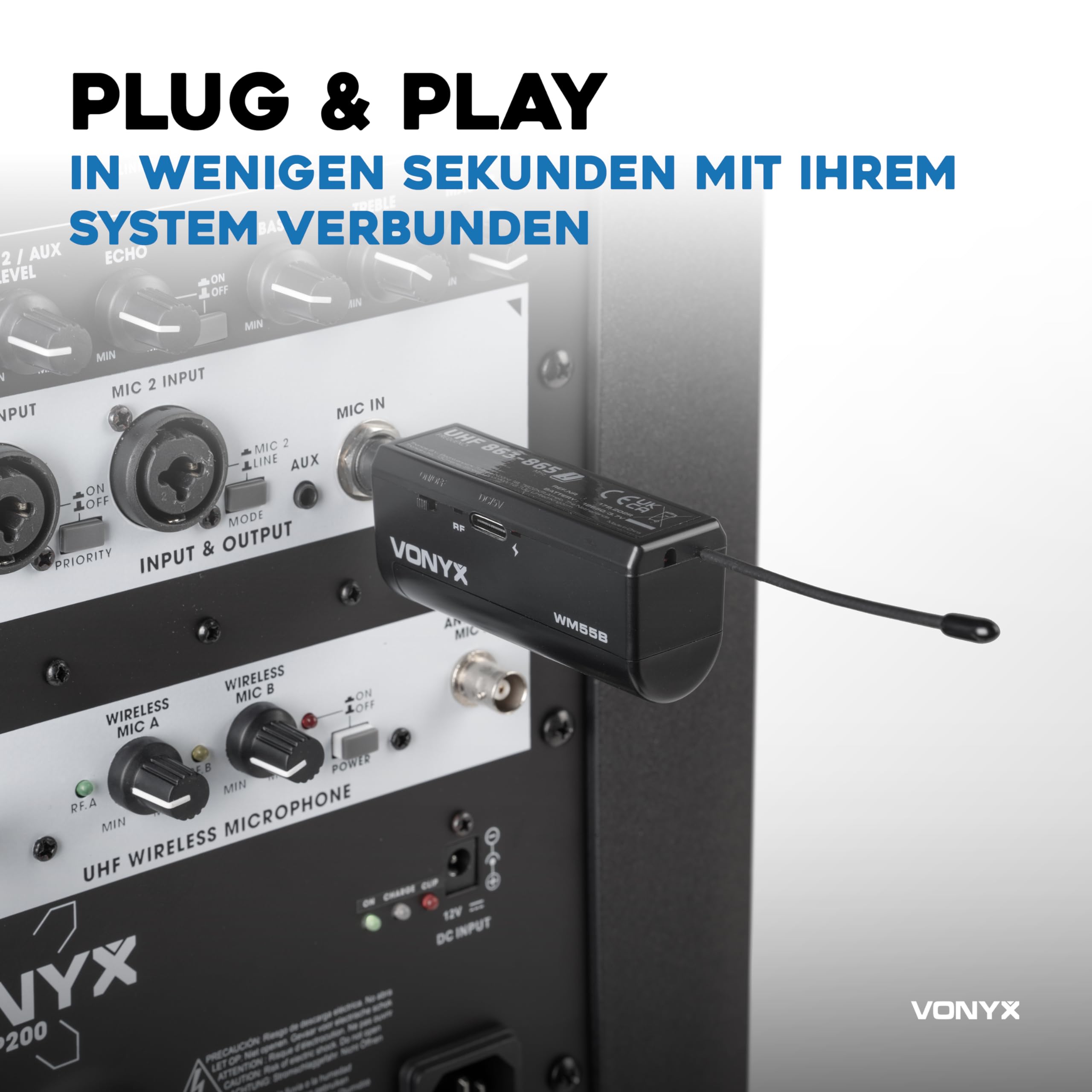 Vonyx WM55B Funkmikrofon Set, Headset und Lavalier Mikrofon Kabellos, UHF 863-865 MHz, 50m Reichweite
