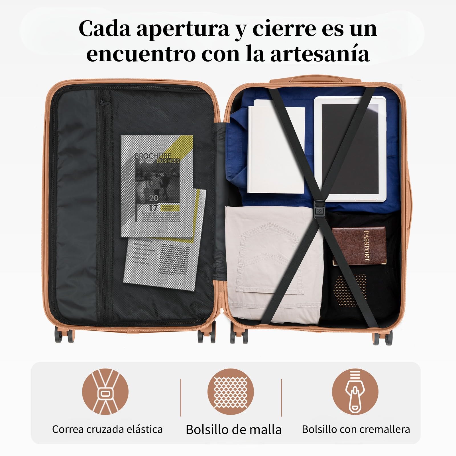 LEADZM Juego de Maletas de 4 Piezas con Neceser (Beige-Marrón) | Maletas de Viaje Grandes 23 Kilos, Maleta Cabina con Refuerzos de Esquina, Mediana, Maleta de Viaje