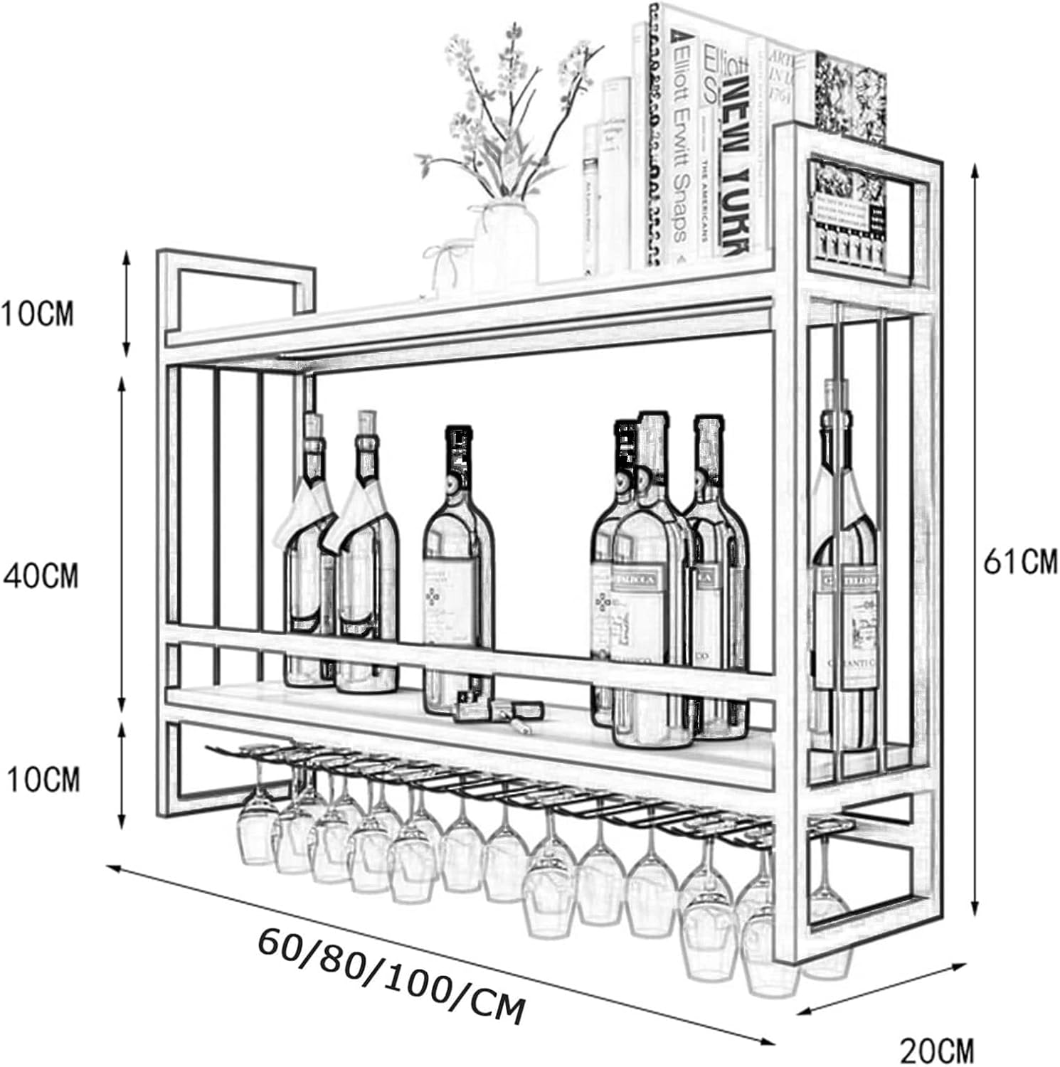 Ceiling Wine Glass Rack Metal Wine Rack,Wood Shelves Wine Shelf with Glass Holder,Stemware Holder,Wine Bottle Holder,Wine Shelfing Storage Unit,for Bars Kitchens