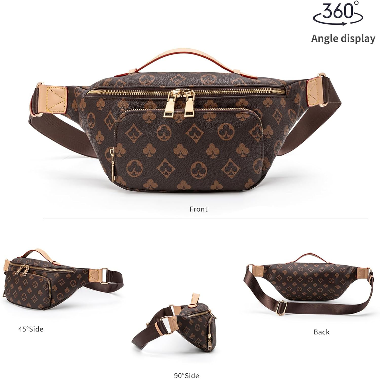 Women's Vintage Pattern Fanny Pack, Brown Waist Bag, Convertible Crossbody with Adjustable Strap, Gold Hardware (Wp-vp-brn-002)