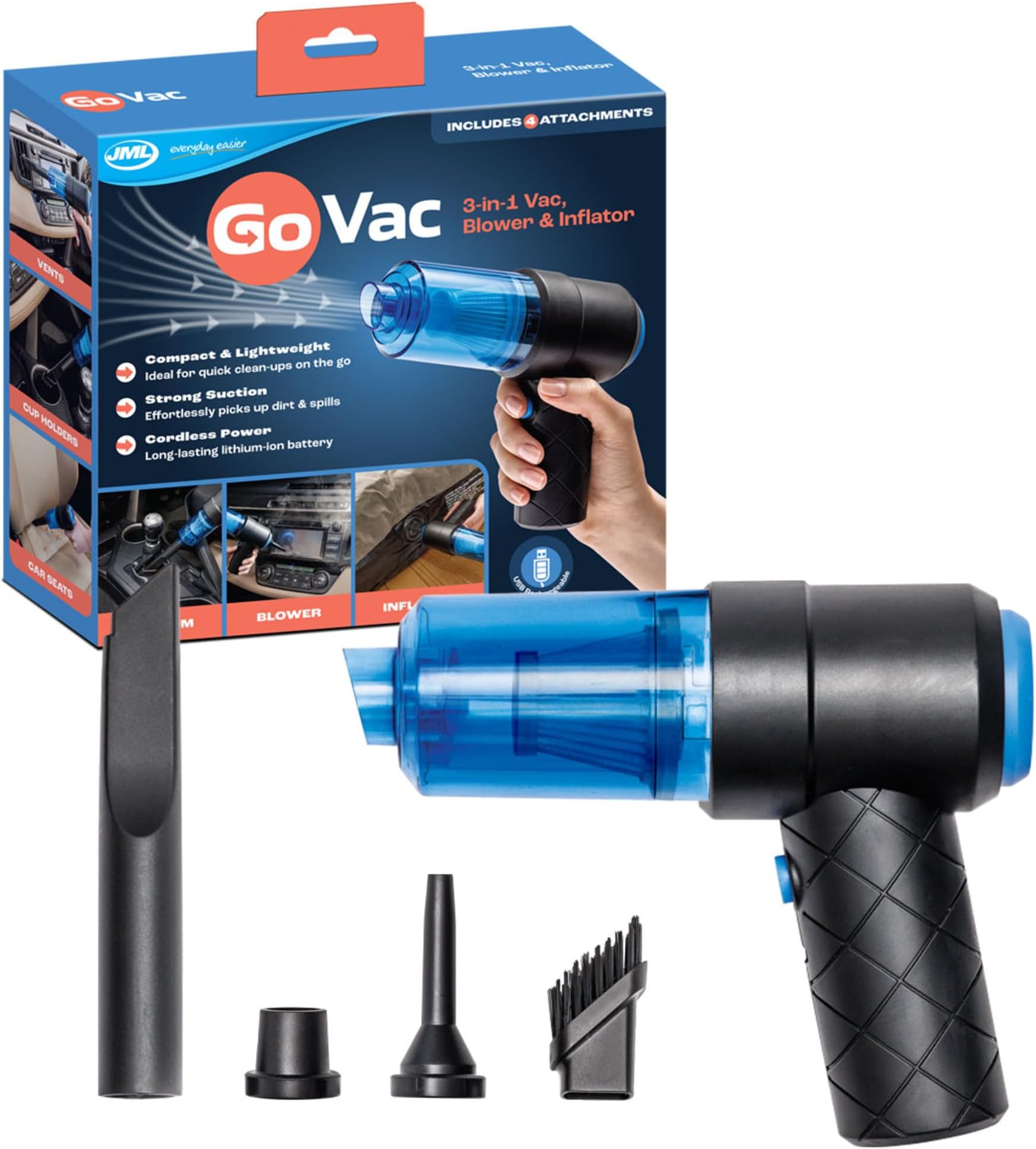 JML Go Vac Cordless Vacuum Cleaner - Lightweight, Compact Handheld with 2-in-1 Suction and Blower Function - Portable, Rechargeable Device for Car, Home, Kitchen and Garage
