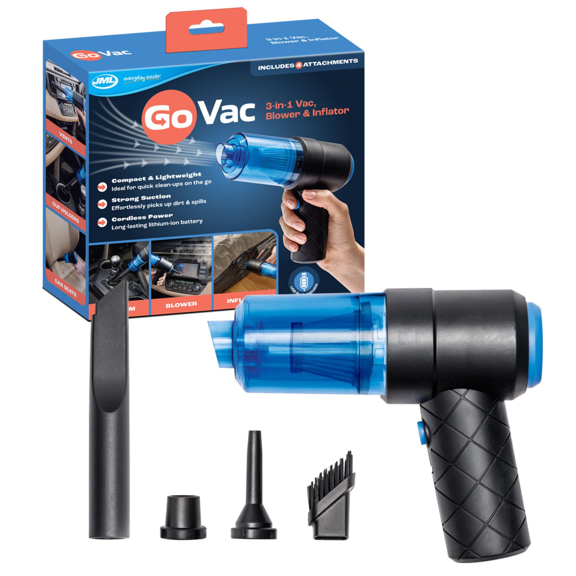 JMLGo Vac Cordless Vacuum Cleaner - Lightweight, Compact Handheld with 2-in-1 Suction and Blower Function - Portable, Rechargeable Device for Car, Home, Kitchen and Garage