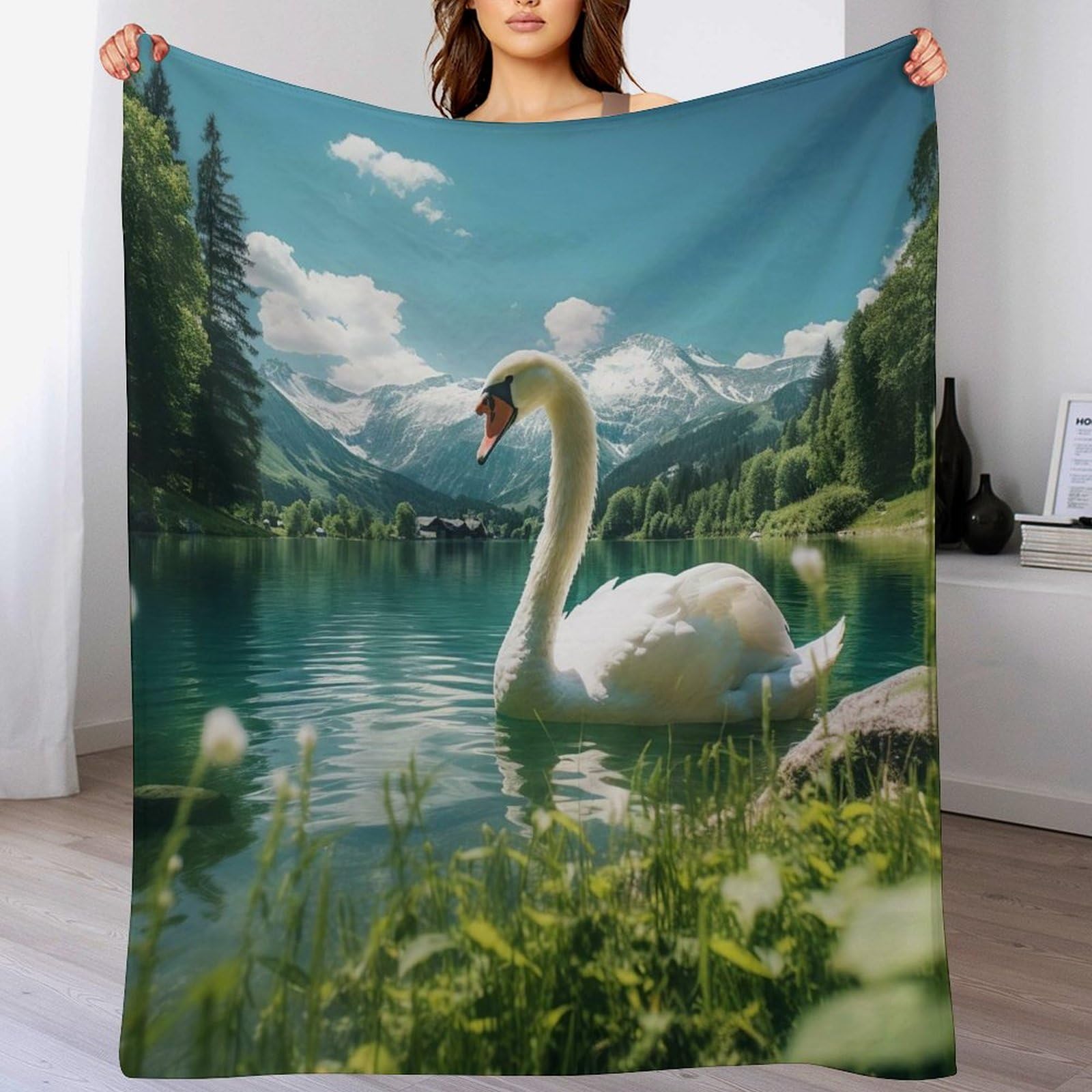 Couverture en flanelle Cygne 180x200 cm douce et chaude pour canapé