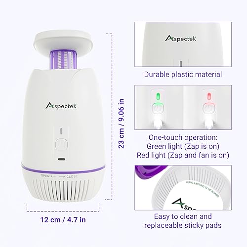 Miniatura 6 de ASPECTEK Exterminador de insectos para interiores, matamoscas 4 en 1 con luz UV, potente rejilla eléctrica, ventilador fuerte y 10 almohadillas
