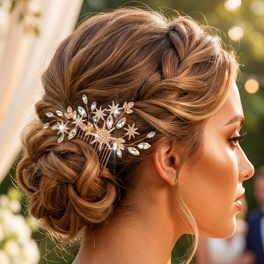 CASDRE Rhinestone Star Wedding Hair Comb Gold Crystal Bridal Hair Piece Prom Hair Accessories for Women and Brides (Gold)