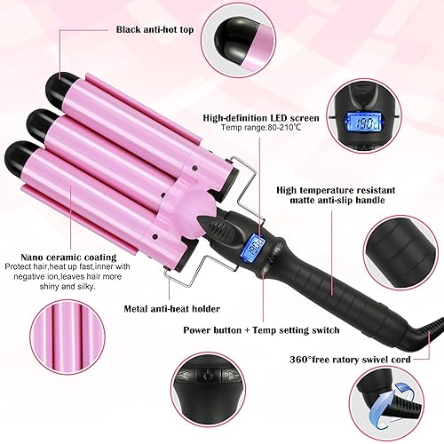 Vista 15 de Varita rizadora de 3 barriles de cerámica de 1 pulgada, rizador de pelo de playa de turmalina de 1 pulgada para ondas profundas, pantalla
