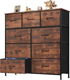 OLIXIS 9-Drawer Fabric Storage Dresser with Wood Top - Wide Chest Organizer for Bedroom, Closet, Entryway, Brown